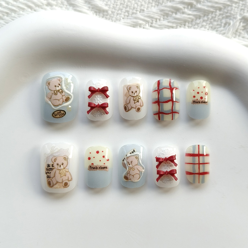 Soap Making Handmade - 10枚入り 韓国風 キュートなクマと3Dリボン付き ハンドメイド風プレスオンネイル INSトレンド 可愛いブルーチェック柄ネイルパッチ