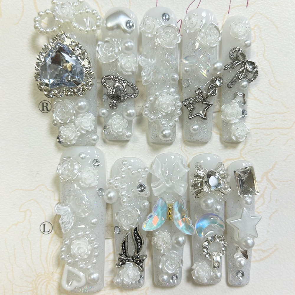 10個入り キュートなジライ系ホワイトハンドメイドつけ爪 3 - Soap Making Handmade のレビューと価格